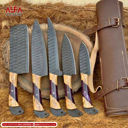 5 Pcs Hand Forged Damascus Steel Chef Set in Super Quality