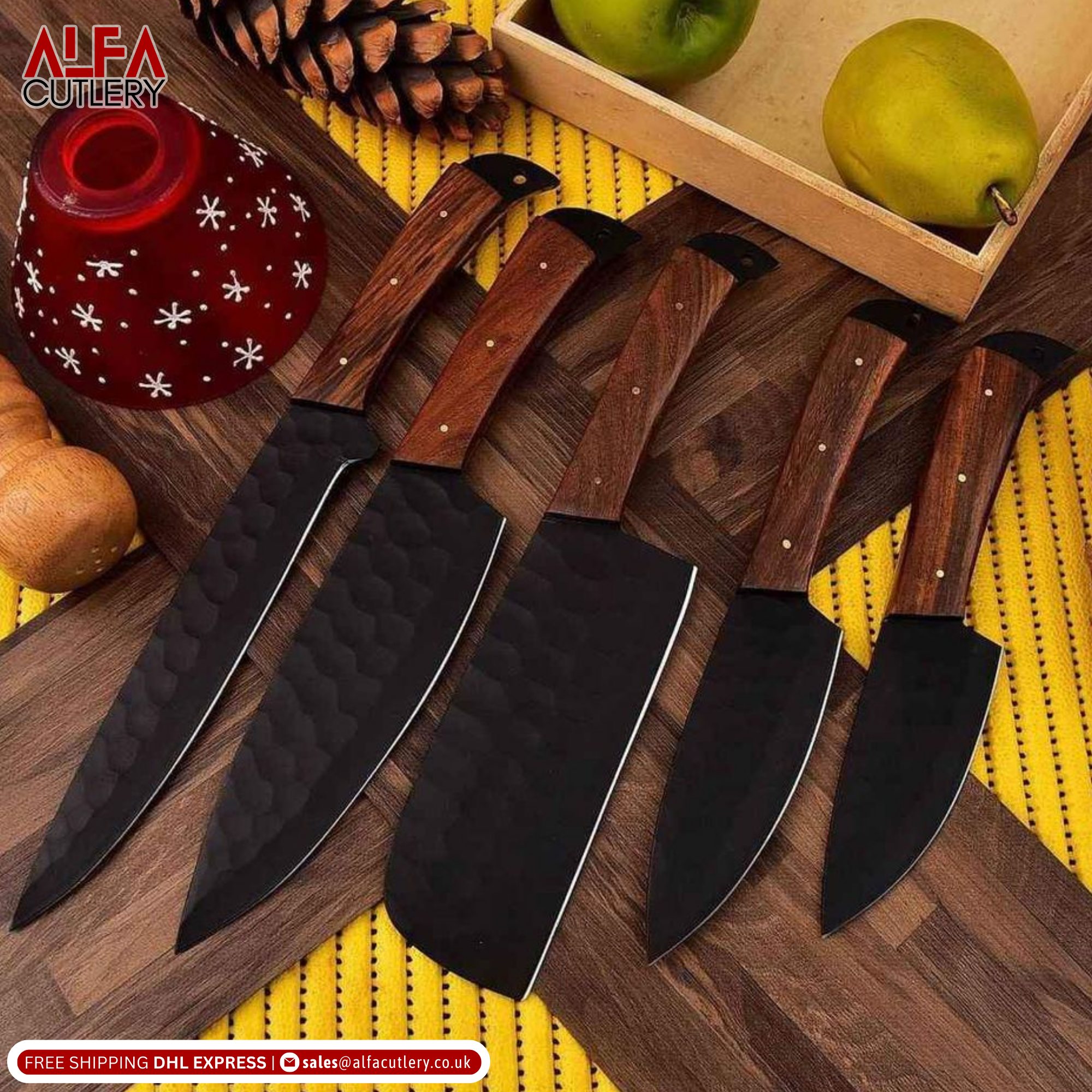 Handmade Chef Knife Set of 5pcs With Leather Sheath, D2 Steel Chef